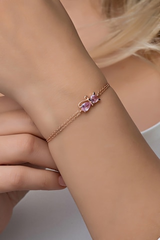 Nereze 925 Ayar Gümüş Pembe Taşlı Kedi Bileklik