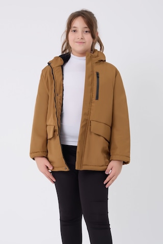 Kız Çocuk Taba İçi Kürklü Su Ve Rüzgar Geçirmez Kapüşonlu 3 Cep Kışlık Mont & Kaban & Parka Taba