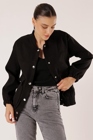 Beli Lastikli Torba Cepli Kaşe Bomber Mont-35004-Siyah