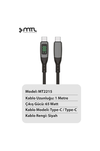 65w Lcd Ekranlı Type-c To Type-c Ultra Hızlı Şarj Ve Data Kablosu 1 Metre Mt2215