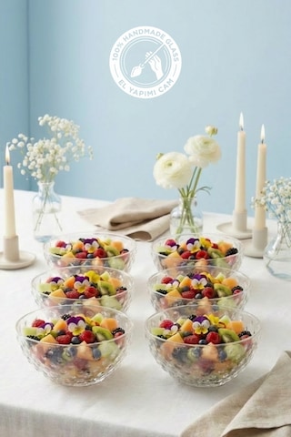 Selen Concept Küme Model Küçük Boy El Yapımı Cam Çorba Kasesi ve Salata Sunumluk 6’lı Set