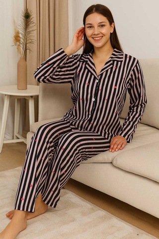 Tenra Kadın Pijama Takımı Boydan Düğmeli Süet Kalp Desenli Çok Renkli