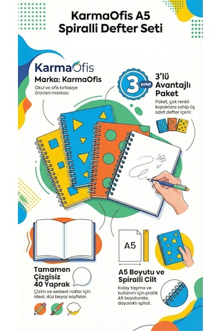 A5 Spiralli Shapes Defter 40 Yaprak 3'lü Tamamı Çizgisiz