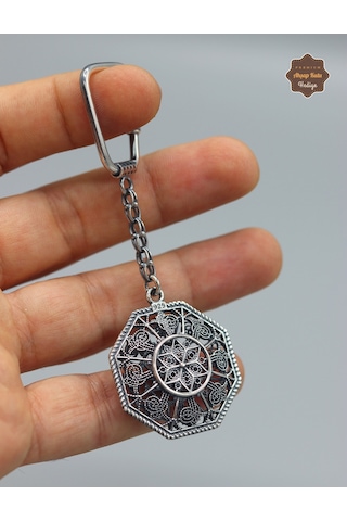 Tuğralı Sekizgen Model 925 Ayar Gümüş Oksitli Telkari Anahtarlık 201025160 Gümüş
