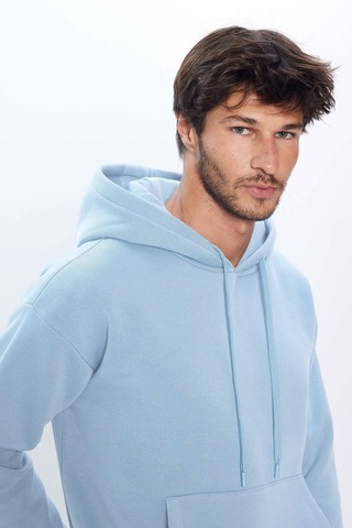 Tudors Unisex Oversize Geniş Kesim Pamuklu Yumuşak Dokulu İçi Polarlı Basic Mavi Kapüşonlu Sweatshirt-31462-mavi Mavi