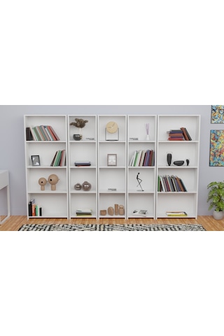 5 Raflı Kitaplık Seti 3 Dar 2 Geniş Raf Kütüphane 170 Cm Beyaz