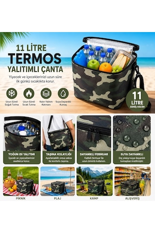 Termal Çanta Termos El Çantası Buzluk Piknik Çantası 11 Lt Soğutucu Çanta Haki