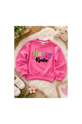 Uğur Bebe %100 Pamuk Kız Çocuk Eşofman Takımı Pembe Gri Happy Kinder Baskılı Sweatshirt Jogger Alt Spor Takım Pembe Pembe