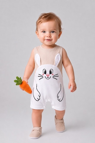 Babyden's Erkek Bebek Tavşan Desenli Yazlık Tulum Fitilli Pamuklu Kolsuz Bebek Tulumu Çıtçıtlı Romper 0-9 Ay Bej