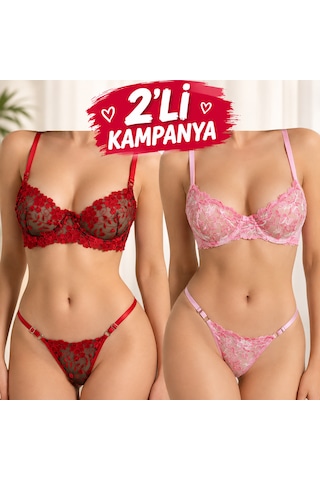 Kadın Bralet Dantel İç Çamaşırı 2 Li Set Kırmızı Ve Pembe Özel Kampanya Paketi