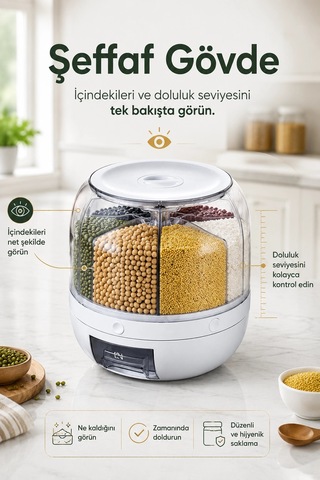 Çok Bölmeli Bakliyat Ve Kuru Gıda Saklama Kabı Döner Sistemli Ölçülü Dağıtıcılı Çok Renkli
