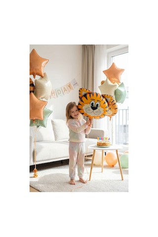 Safari Kaplan Kafa Folyo Balon 35x41 Cm Safari Temalı Çocuk Doğum Günü Parti Süsü Çok Renkli