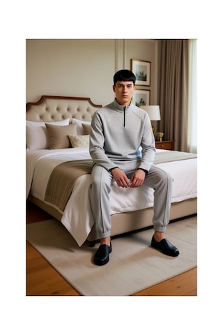 Ersefa Kadin Ottoman Dokulu Fermuarli Sweatshirt Ve Pantolon Ev Giyim Ta gri