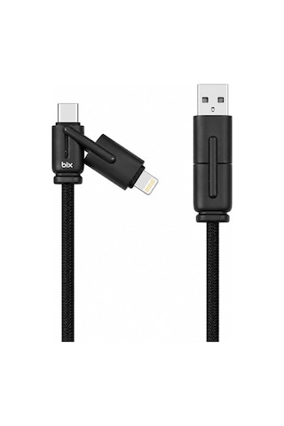 Bix Bx4ın1c 65w Usb-a & Type-c & Lightning Çok Fonksiyonlu Örgülü Şarj Ve Data Kablosu 1.2 Metre Siy