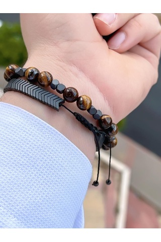 Nursaat Doğal Taş Özel Kombin Kaplan Gözü Ve Karlı Obsidyen Taşı Doğal Unisex Bileklik Blkt.ns06 2 Adet Çok Renkli