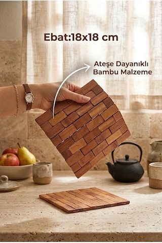 Atbyhome 2'li Isıya Dayanıklı Doğal Bambu Nihale Seti 18x18 Cm - Sıcak Tencere Çaydanlık Tava Altlığı