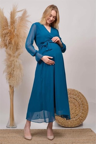 Kadın Yeni Sezon Kruvaze Yaka Şifon Hamile Elbise Hml003 Petrol Mavisi