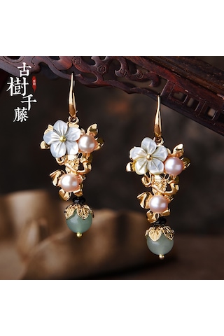 Samdoo Ünlü Seri Yeşil İpek Siyah Kiremit Gömlekli Uzun Kolye, Klasik Çin Stili Kuyumculuk, Kadınlar İçin Özel Tasarım Küpe Gold