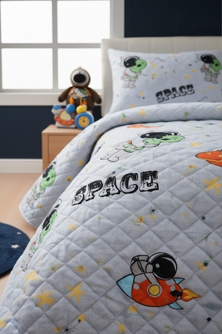 Astronot Çocuk Genç Pike Yatak Örtüsü Takımı Uzay Desen Kapitone Pamuklu 4 Mevsim Çarşafsız 160x230 Gri