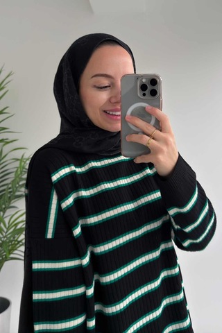 Lady Triko Tunik - Siyah/yeşil Siyah