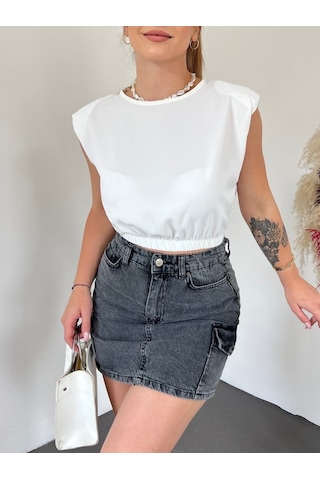 Omuzları Vatkalı Beli Lastikli Bluz -beyaz Karışık