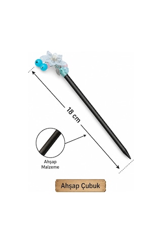 Lunara Turkuaz Boncuklu Çiçekli 18 Cm Ahşap Saç Çubuğu Zarif Topuz Aksesuarı Çok Renkli