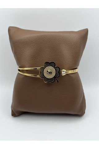 Arnes Jewelry Çelik Yoncalı Çeyrekli Zirkon Taşlı Kelepçe Ar207nes Gold