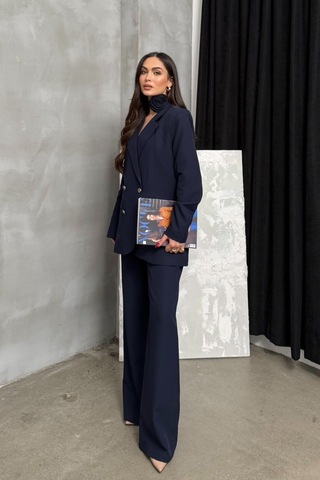 Msm Fashion Kadın İkili Blazer Ceket Pantolon Takım Aksesuar Ve Düğme Detaylı Bol Paça Lacivert