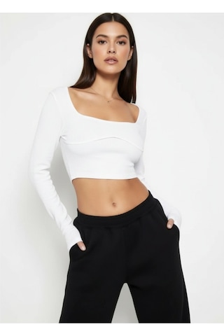 Merlot Kadın Dikiş Detaylı Uzun Kollu Crop Bluz Beyaz