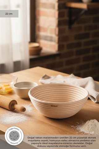 Bambum Puder - Ekmek Mayalama Sepeti Yuvarlak 22 Cm Ahşap