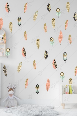 MSticker Bohem Tarzı Kuş Tüyleri 68 Adet Çocuk Bebek Odası Sticker Seti
