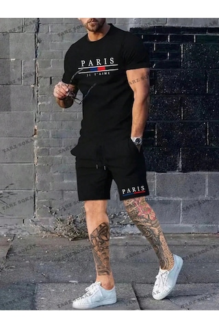 Tarzsokak Homme Erkek Mektup Grafikli Tişört Ve İpli Bel Şort Takım Beyaz