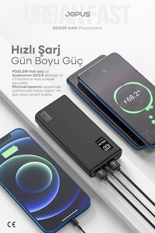 Jopus 20000mah Powerbank Pd 22.5w Hızlı Şarj - Dijital Ekranlı - Taşınabilir Şarj Cihazı Siyah