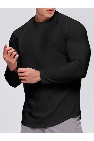 Ghassy Co. Erkek Running Sports Reglan Oval Kesim Uzun Kollu Pamuklu Penye T-shirt Siyah