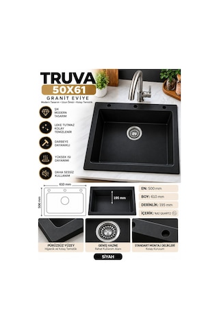 Granit Evye Truva Series Siyah Renk En:500mm Boy :610 Mm Derinlik :195 Mm