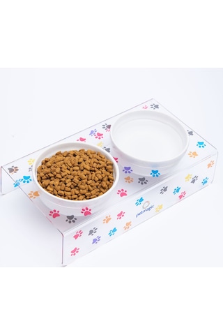 Petmagic Akrilik Pleksi Evcil Hayvan Seramik Kaseli Mama Ve Su Kabı - Pati Baskılı