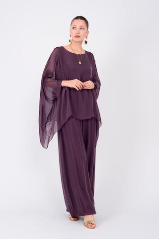 Bohem Stil İtalyan Yarasa Kol İpek Bluz & Pantolon Takım-8767 Mürdüm