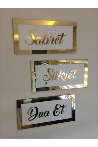 Sabret Şükret Dua Et Duvar Tablosu 3'lü Set Beyaz-gold