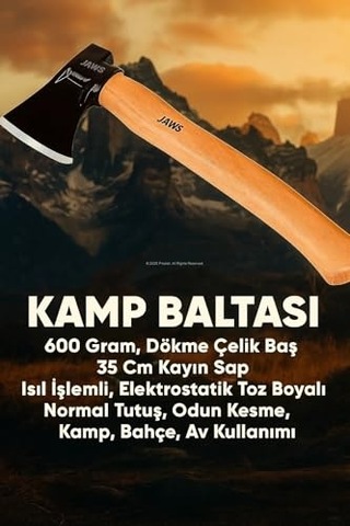 Jaws Kamp Baltası, 600 Gram, Dökme Çelik Baş, 35 Cm Kayın Sap, Isıl İşlemli, Elektrostatik Toz Boyalı, Normal Tutuş, Odun Kesme, Kamp, Bahçe, Av Kullanımı