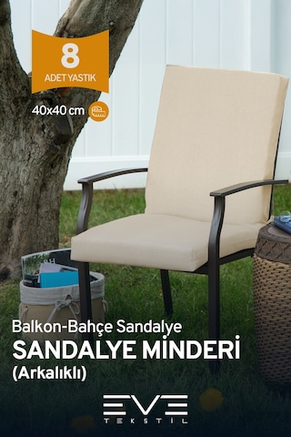 Eve Tekstil Bahçe - Salon - Balkon Arkalıklı Fermuarlı Bağlanabilir Yıkanabilir Sandalye Minderi 8 Adet Krem