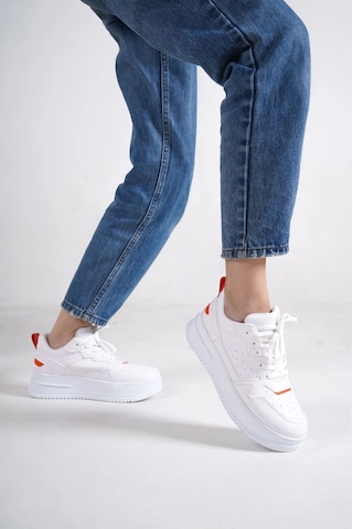 Mevese Avela Kalın Taban Bağcıklı Günlük Kadın Sneaker Beyaz Turuncu Detaylı