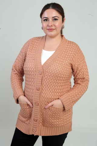 By Saygı Kadın Sepet Örgü Model Cepli Tunik Hırka Soğan Kabuğu