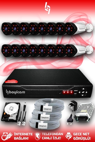 Bayicam 16 Kameralı Uzay 16 Dış Kamera Set 1 TB HDD Full HD Gece Görüşlü Güvenlik Kamerası Sistemi