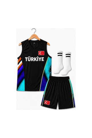Sonvadi Çocuk Basketbol Forması Türkiye Armalı Siyah-turkuaz 3 Parça Çorap Turkuaz