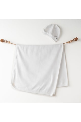 Erkek Bebek Battaniye Şapka Takım Blanket Hat Set 85x90 CM Beyaz