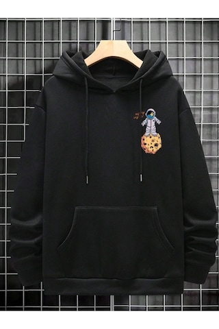 Altamira Erkek Siyah Sırt Uzay Baskılı Oversize Kapşonlu Sweatshirt 001