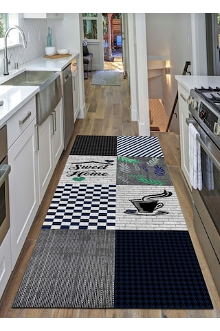 Gri, Mavi Sweet Home, Pamuk Dokuma Taban Mutfak Halısı