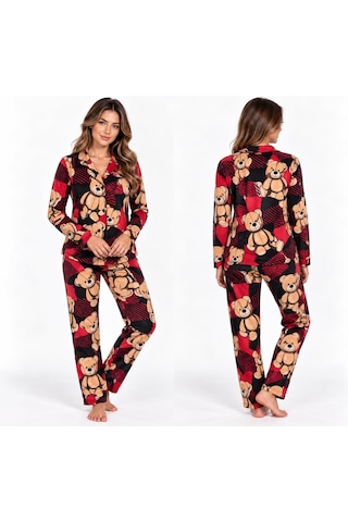 Çağrı Kadın Kırmızı Ayıcık Desenli Düğmeli Pijama Takımı - Yaka Detaylı Uzun Kollu Ev Giyimi Seti