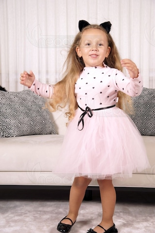 Kız Bebek-çocuk Uzun Kollu Doğum Günü Ve Özel Günler İçin Kalpli Tüllü Astarlı Elbise Pembe