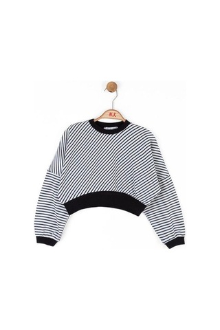 Kız Çocuk Pamuklu Çizgili Crop Sweatshirt-14715 Siyahbeyaz